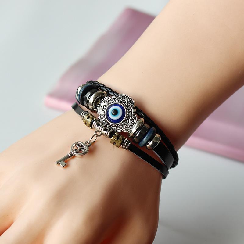 1Pcs Multilayer Vintage Demon Eye Lucky Bangle Punk Jewelry Turkish Blue Evil Eye Flower Leather Rope Bracelets For Women Men