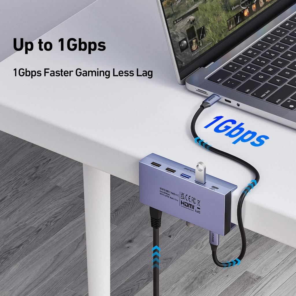 BENFEI USB C-hub med säker klämma Gigabit 100W PD 10Gbps 2 och 2 Kompatibel med iPad och XPS17 8-i-1 - 4K@60Hz HDMI, Ethernet, Laddning, USB-C,