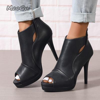 Stivali estivi alla moda, taglia grande, neri, sottili, con tacco alto, cerniera, punta aperta, plateau, alla caviglia, scarpe da donna Botines Para Mujeres Botas Mujer