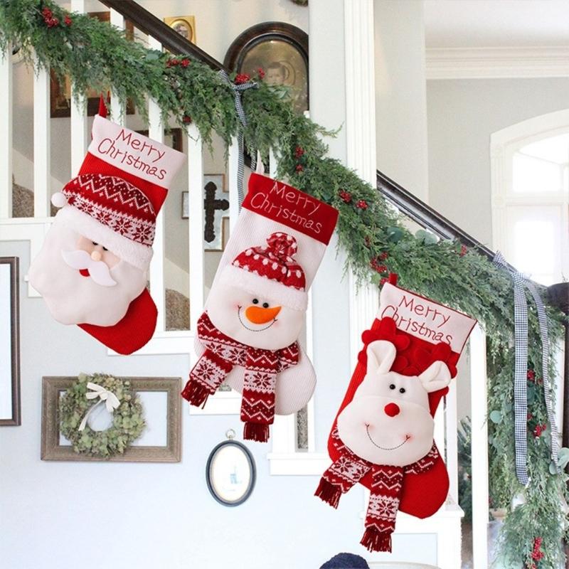 Present Bags Large Santa Head/Snowman/Elk Christmas Stockings for Family Holiday Celebration Indoor Outdoor Decoration