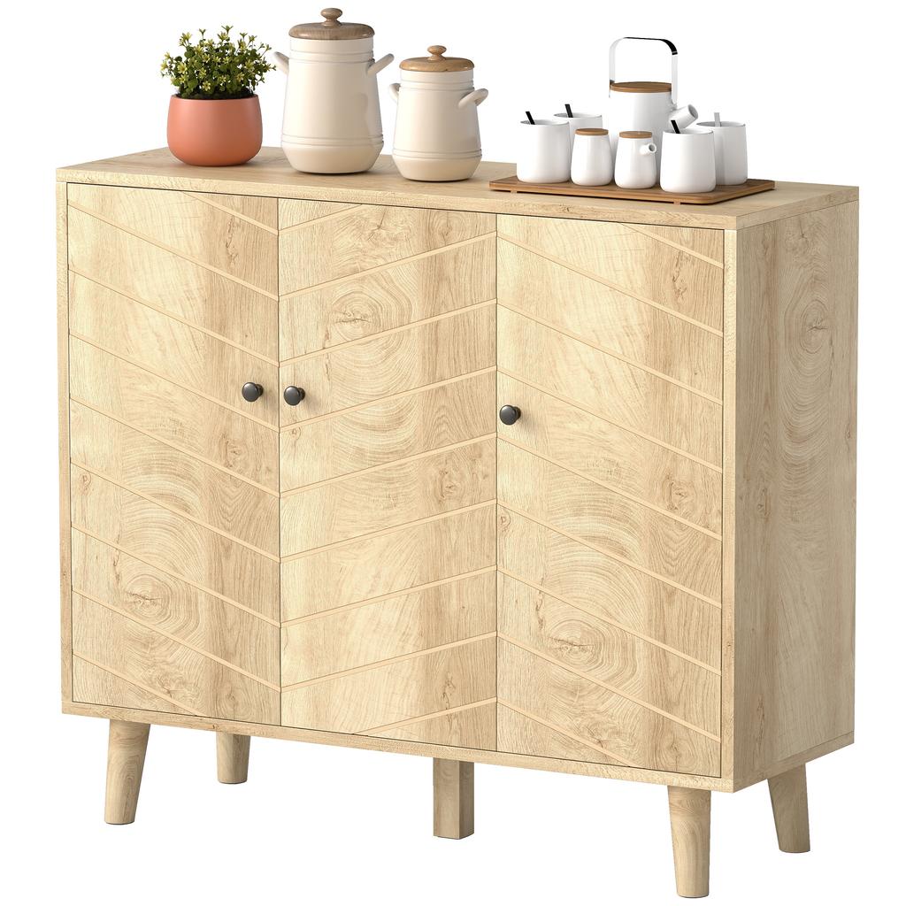 Vintage Sideboard with Chevron Doors and Pine Wood Legs for Living Room, Kitchen