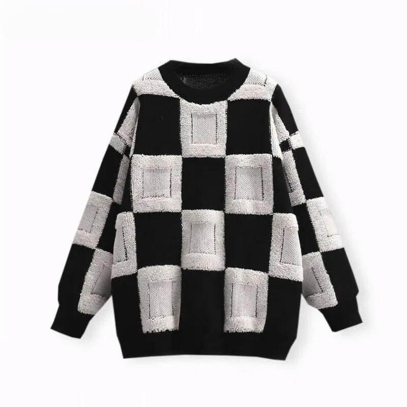 

Шахматная клетка, стежка, О-образный вырез, длинные рукава, свитера-пуловеры, женские, осень-зима, толстые, теплые, вязаные свитера Харадзюку Y2k XXXXL чёрный