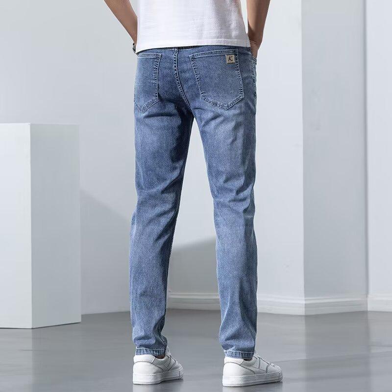 Summer new thin jeans men's straight slim-fitting high-end trendy brand casual versatile light-colored long pants
