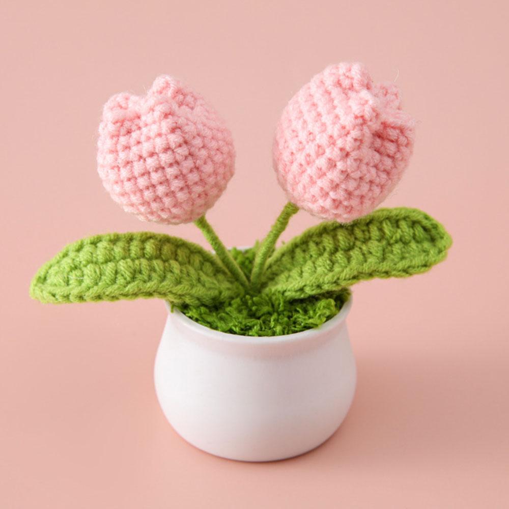 DIY Handwoven Mini Potted Flower Rose Tulip Daisy Office Desktop Ornamental Plant Woolen Thread Finished Product Home Decoration