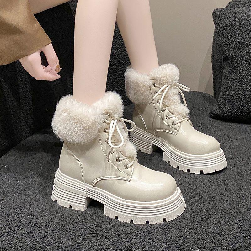 Fashion Leather Platform with Laces Booties Plush Round Toe Women's Snow Boots Waterproof Ladies Shoes Work Chic and Elegant Footwear