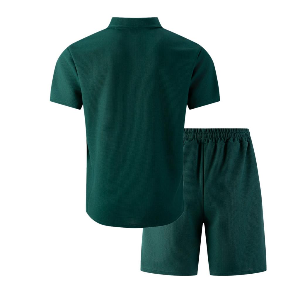 Men's Stylish Casual Collarless Short-sleeved Shirt - Men's Short-sleeved Top And Shorts Two-piece Set