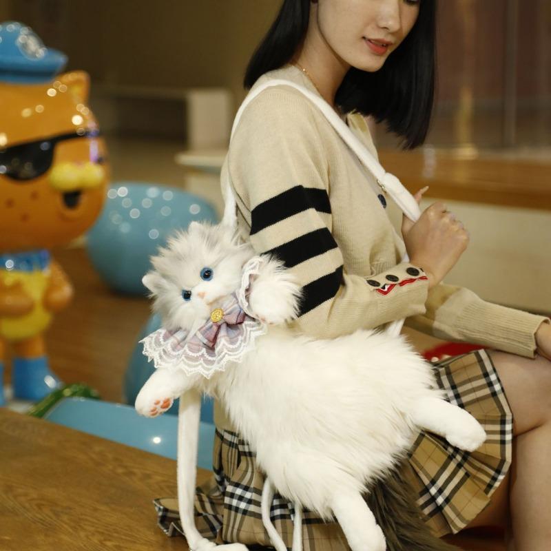 Weiche Plüschtasche Niedliche Simulierte Katze Designer Rucksack Damen Trendiger Rucksack Handtasche für Frau Schulrucksack Geschenke für Mädchen