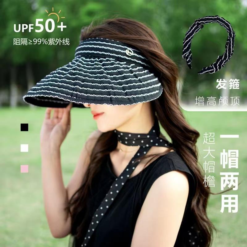 New style open-top shell hat for women, sun hat with open top, UV protection, large brim, striped fisherman hat