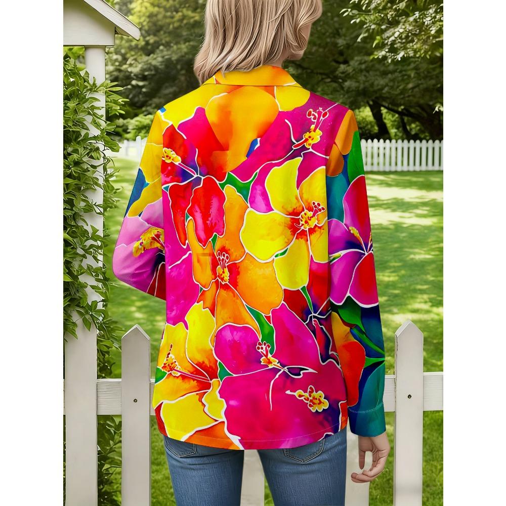 New Fashion Women's Casual Long Sleeve Shirt Multi-colored Flowers Bright Blossom Vibrant Printing