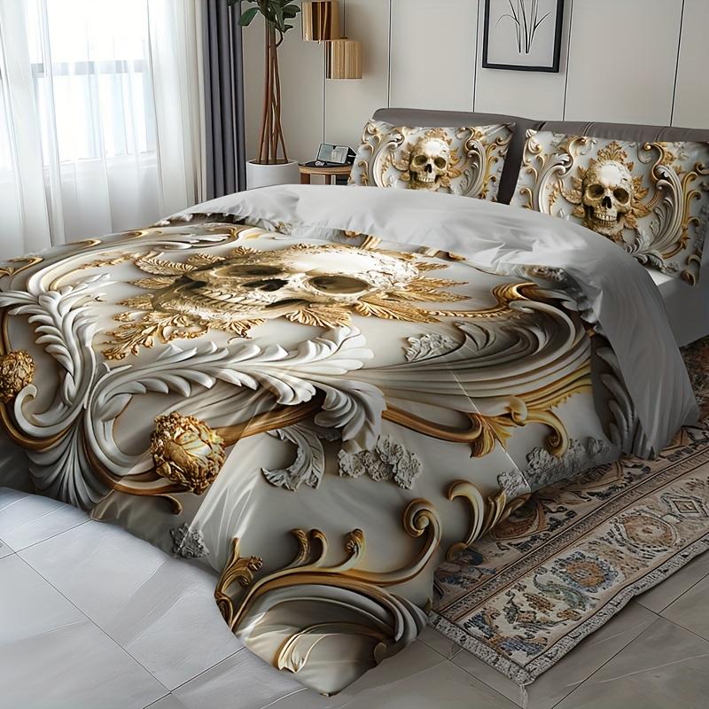 Golden Skull Duvet Cover Set Elegant White Golden Floral Skull Design Breathable Polyester Fabric All-Season Comfort For Home