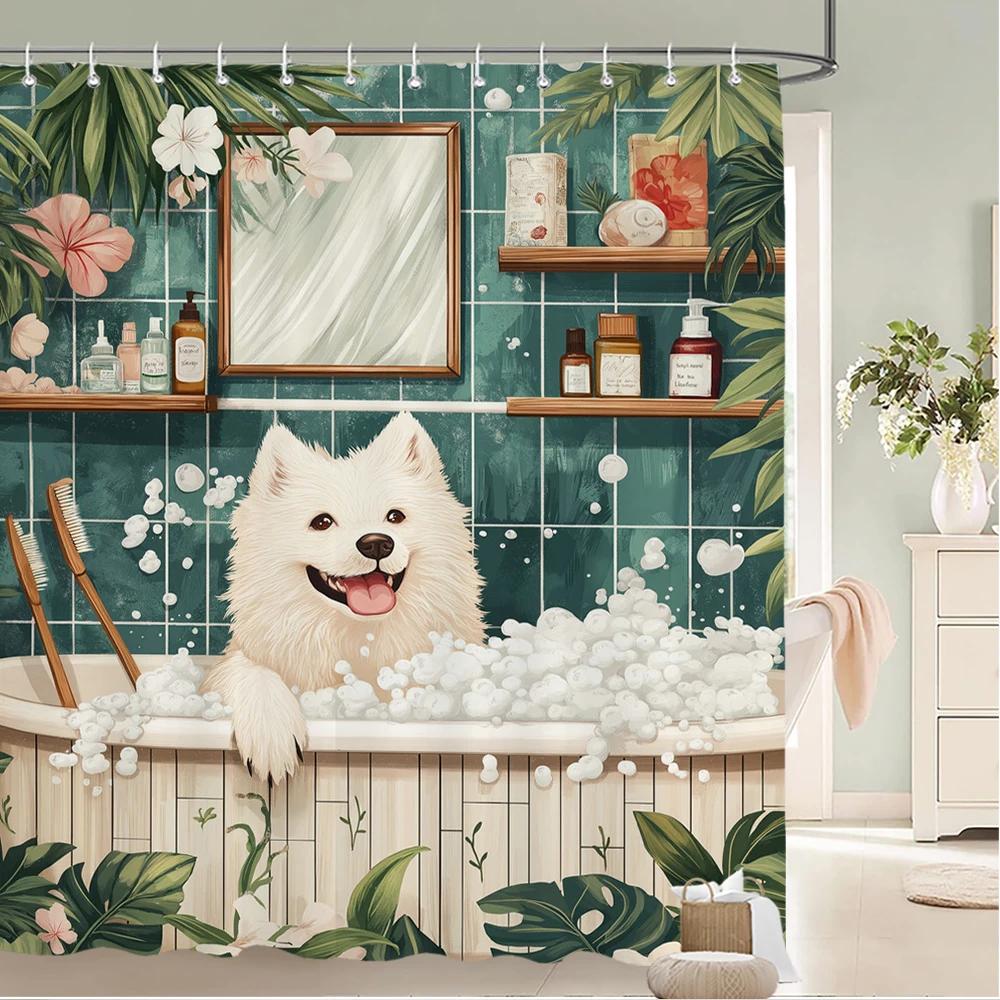 Cartoon Cute Cats And Dogs Fabric Shower Curtain Bathroom Curtain,Bathing Animal Style Home Decoration Curtain With Hooks