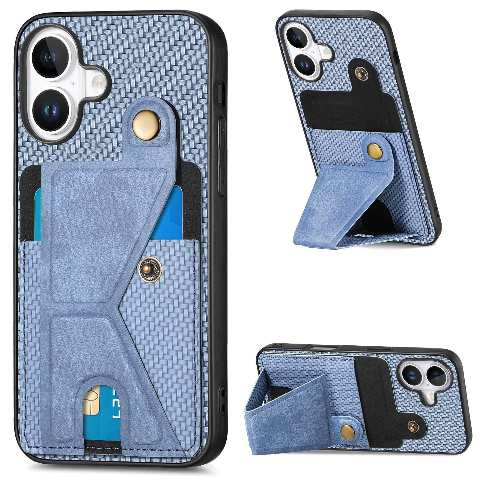 

For iPhone 16 Plus Case K-Shaped Kickstand Leather+PC+TPU Phone Cover Blue