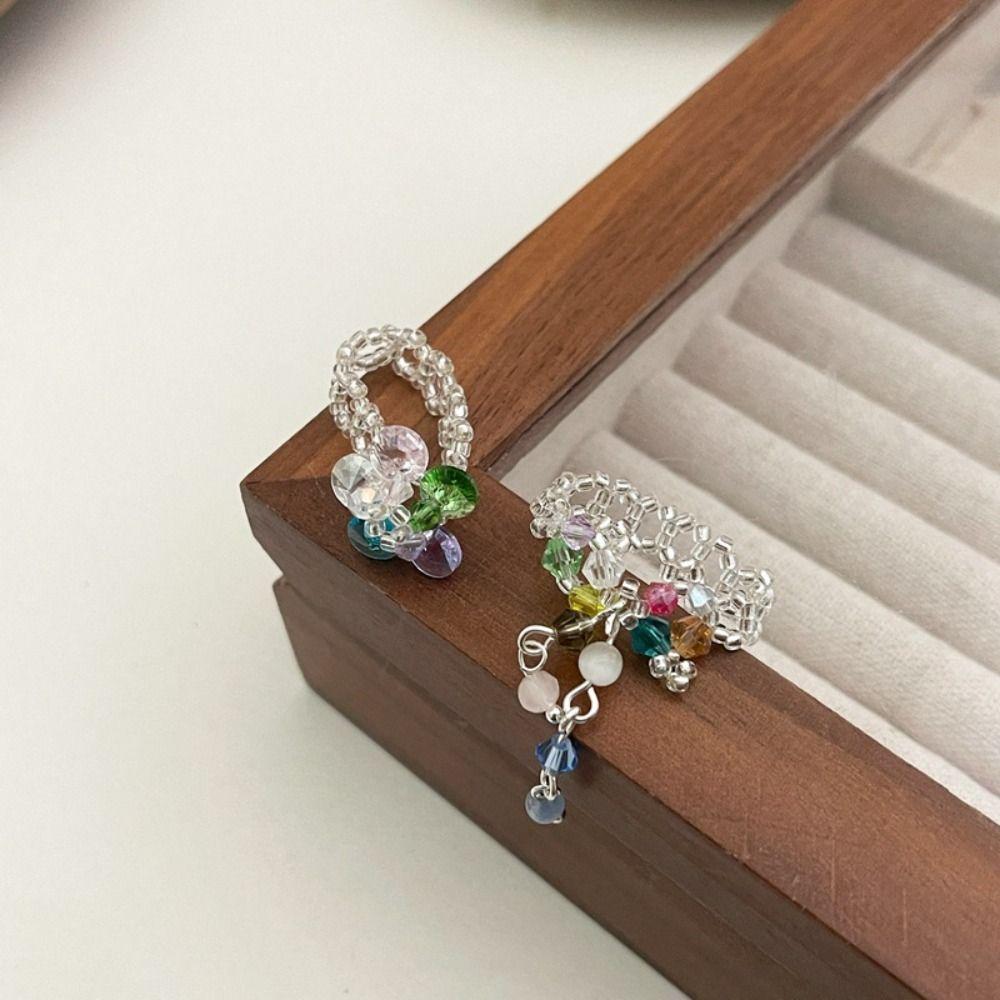 Y2K Flower Ring Tassel Crystal Rings Elegant Aesthetic Ring Overlay