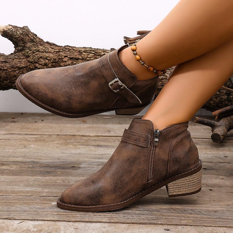 Retro Buckle Strap Ankle Boots For Women Thick Middle Heel Autumn Winter Pointed Head Short Botines Side Zipper Fashion Shoes 43
