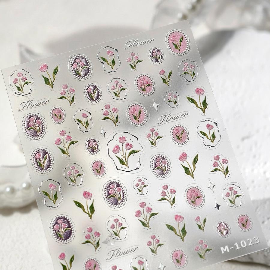 

TENSOR Тюльпан Серебристый Цветок M-1023: 3D Самоклеящиеся детские наклейки для ногтей с желейным клеем