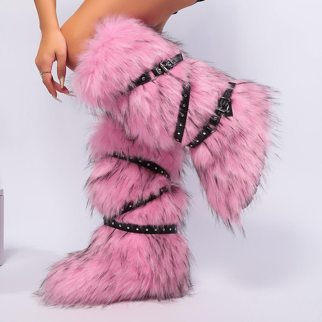 Winter Fur New Design Onepiece Raccoon FurFemale Snow Boots Fur Shoes OutdoorMid Leg Boots Y2k Cool Pink Girl