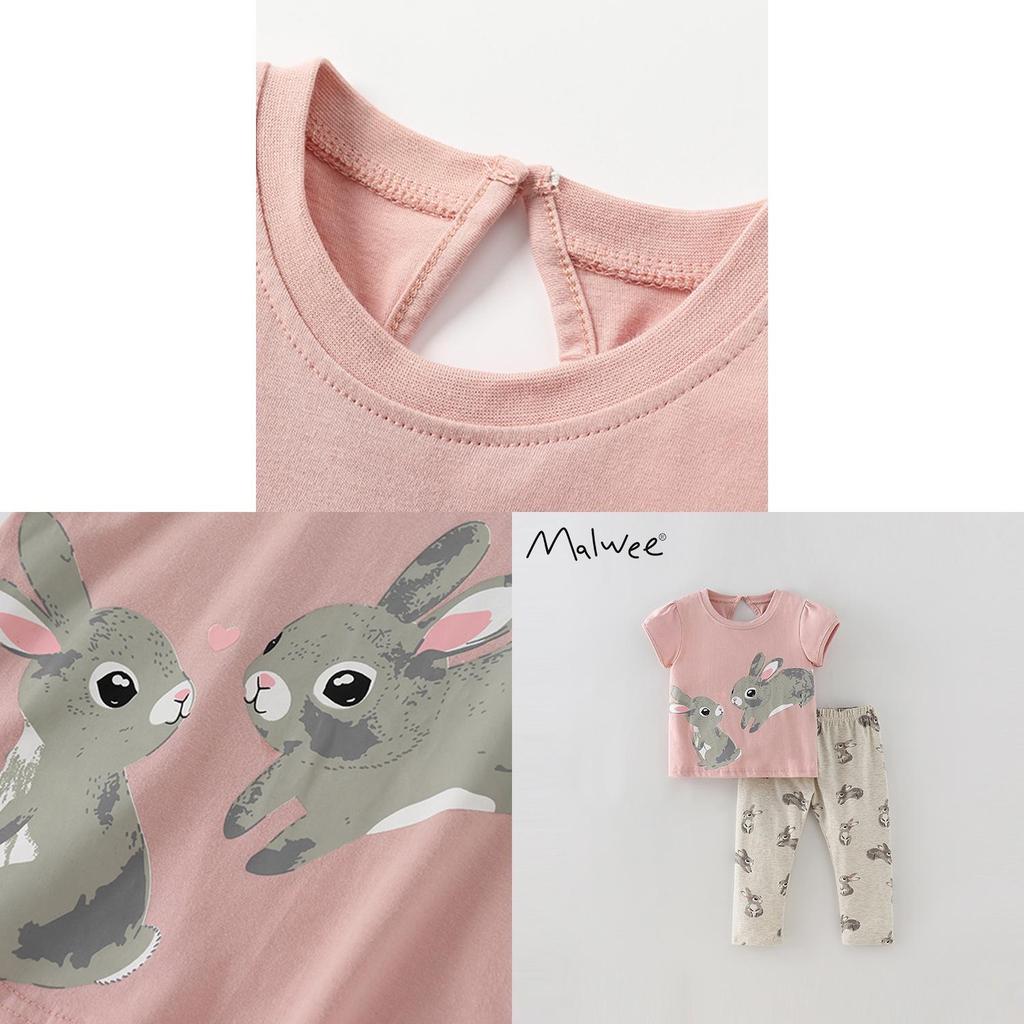 Girl Summer Rabbit Cotton Two Piece Set With Short Sleeve Top And Long Pants For Kids 3 To 8 Years