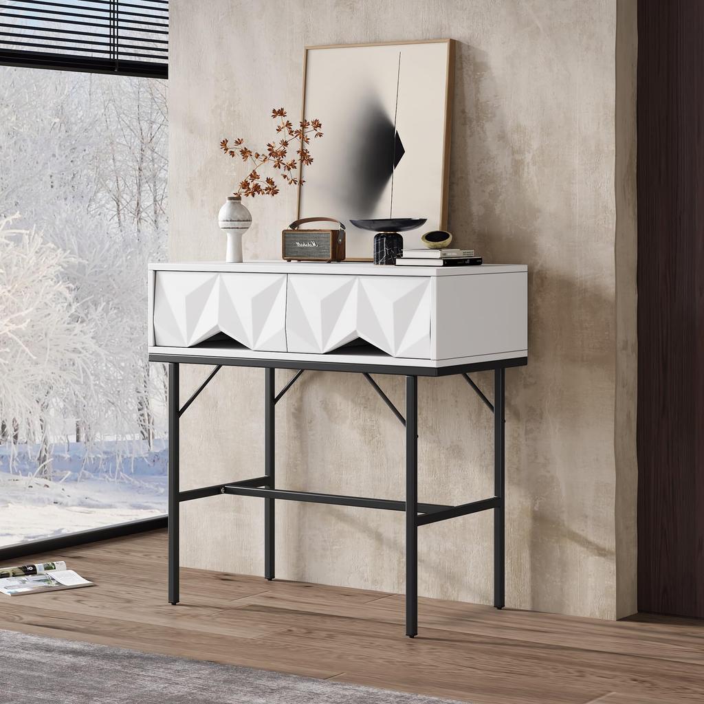 Console Table, Hallway Table with 2 Drawers, Side Table Wood, Sofa Table with Stable Metal Frame