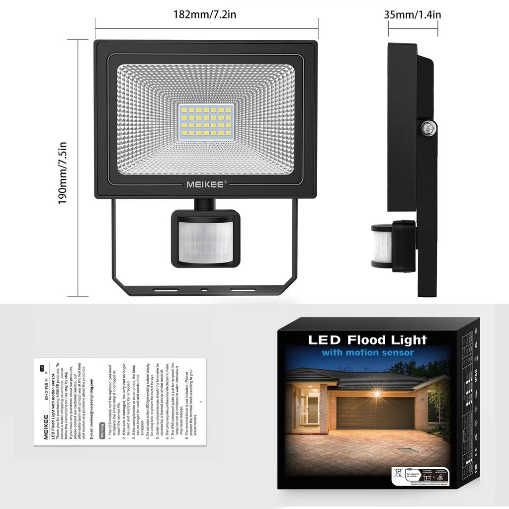 MEIKEE 20W Daylight Sensor Floodlight, Outdoor, Waterproof, 6500K, 2000LM, Ultra-Bright Daylight, for Parking Lots, Entryways, Warehouses, Indoors,