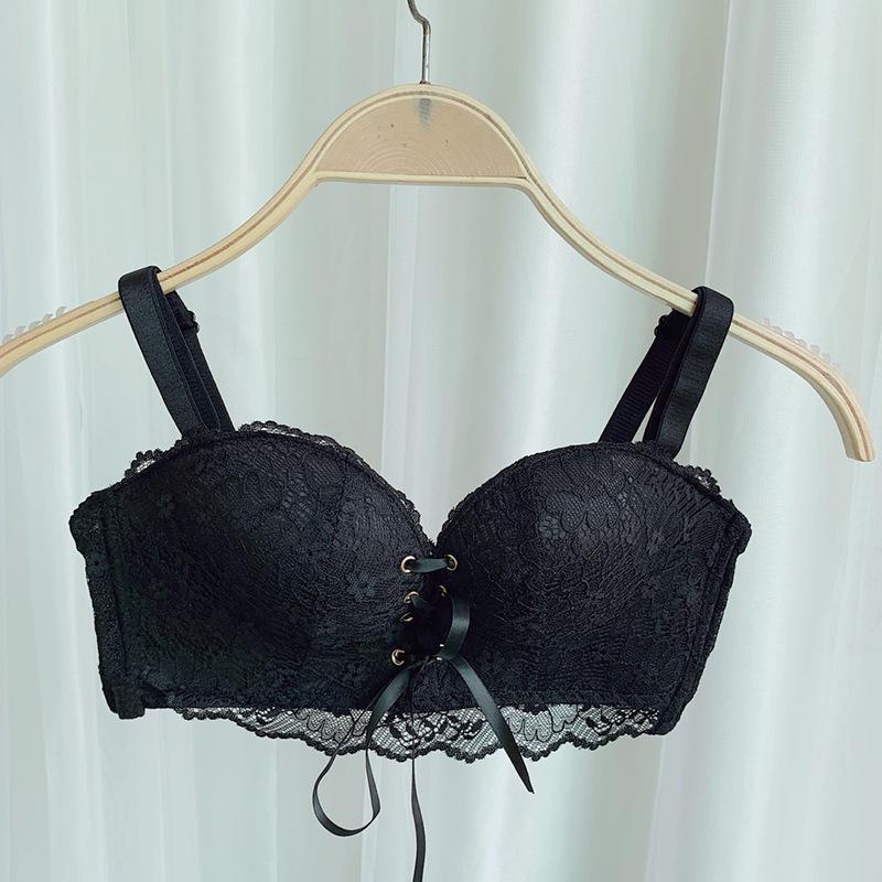 

Black Lace Push Up Bra with Front Lace Up Detail and Adjustable Straps S