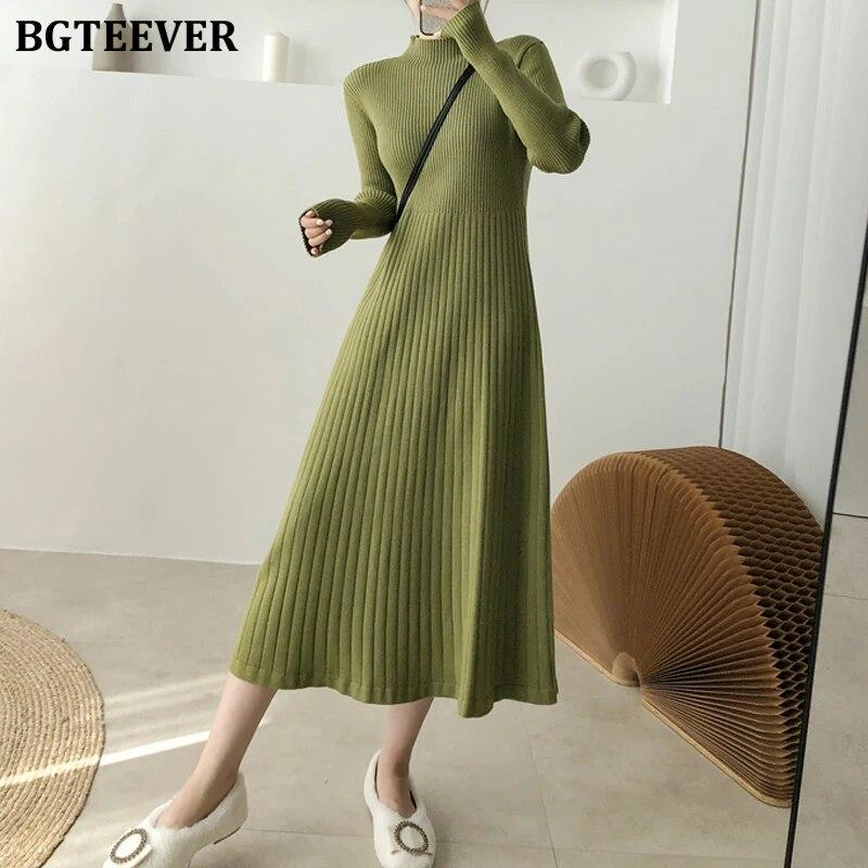 Elegant Warm Half Turtleneck Ladies A-line Sweater Dress Full Sleeve Slim Waist Women Knitted Mid-Calf Vestidos Autumn
