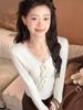 Women's Autumn French Lace Trim V-Neck Long-Sleeve Slim Fit Tie-Up Top