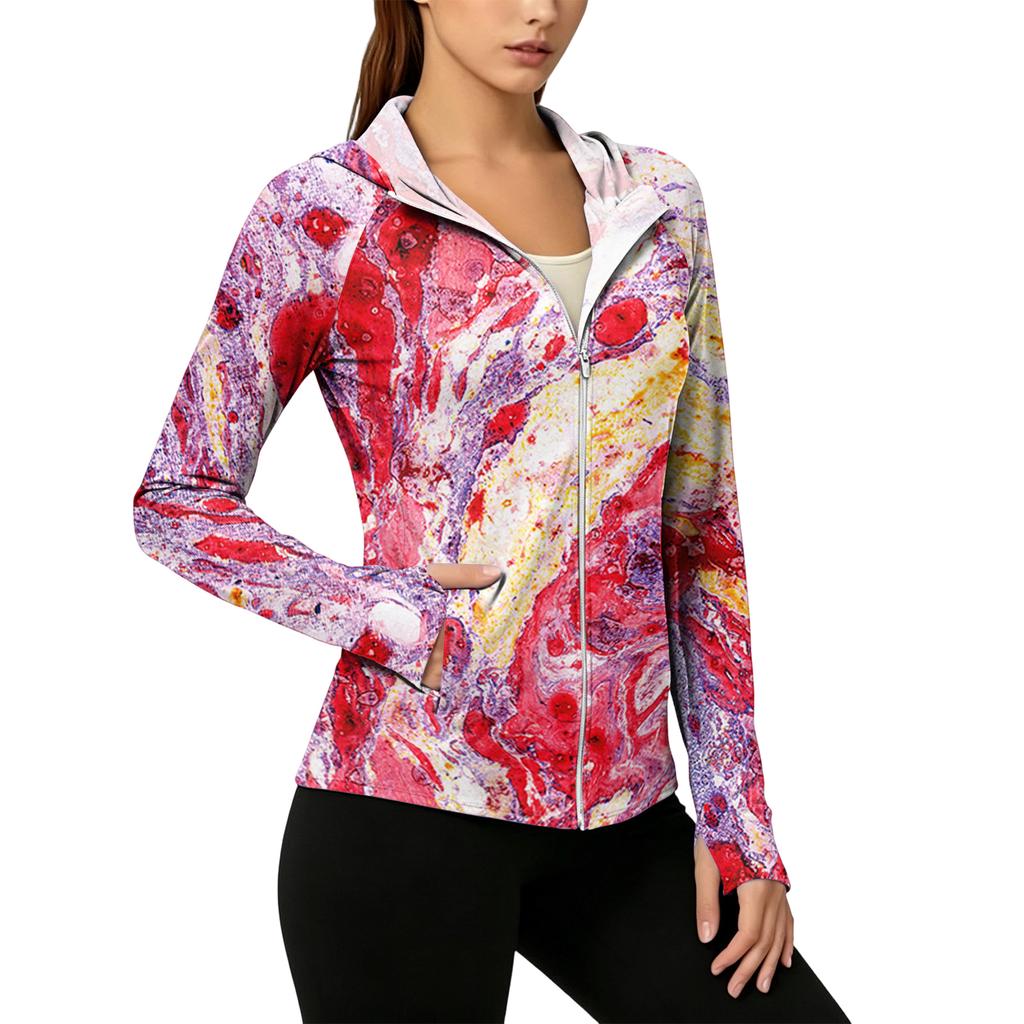 Damenmode Reißverschluss Kapuzenjacke Langarm mit Krawatten-Print & Taschen