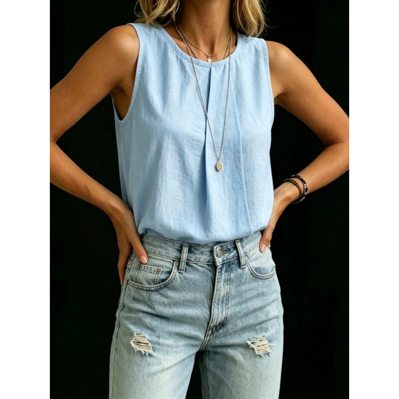 Fashion Loose Women Solid Color Irregular Sleeveless Round Neck Tank Top