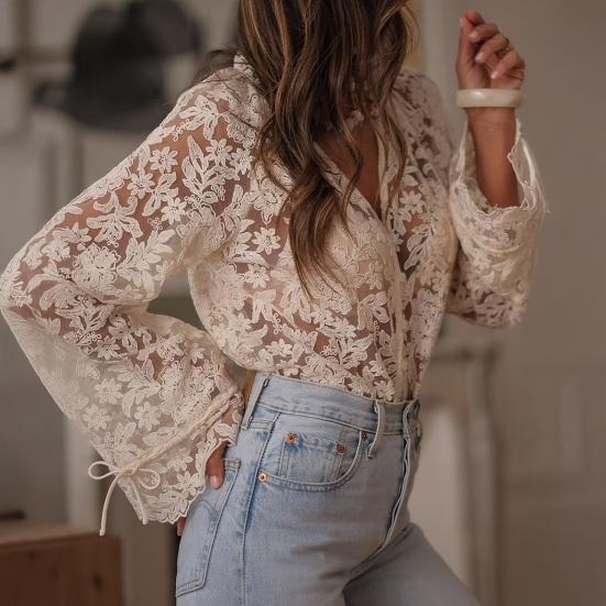 חולצת תחרה לנשים שרוולי פנסים חפתים מתרחבים חולצות עליונות כפתור יחיד פרחי תחרה חלולים עליונים לבגדי עבודה, דייטים, חופשה