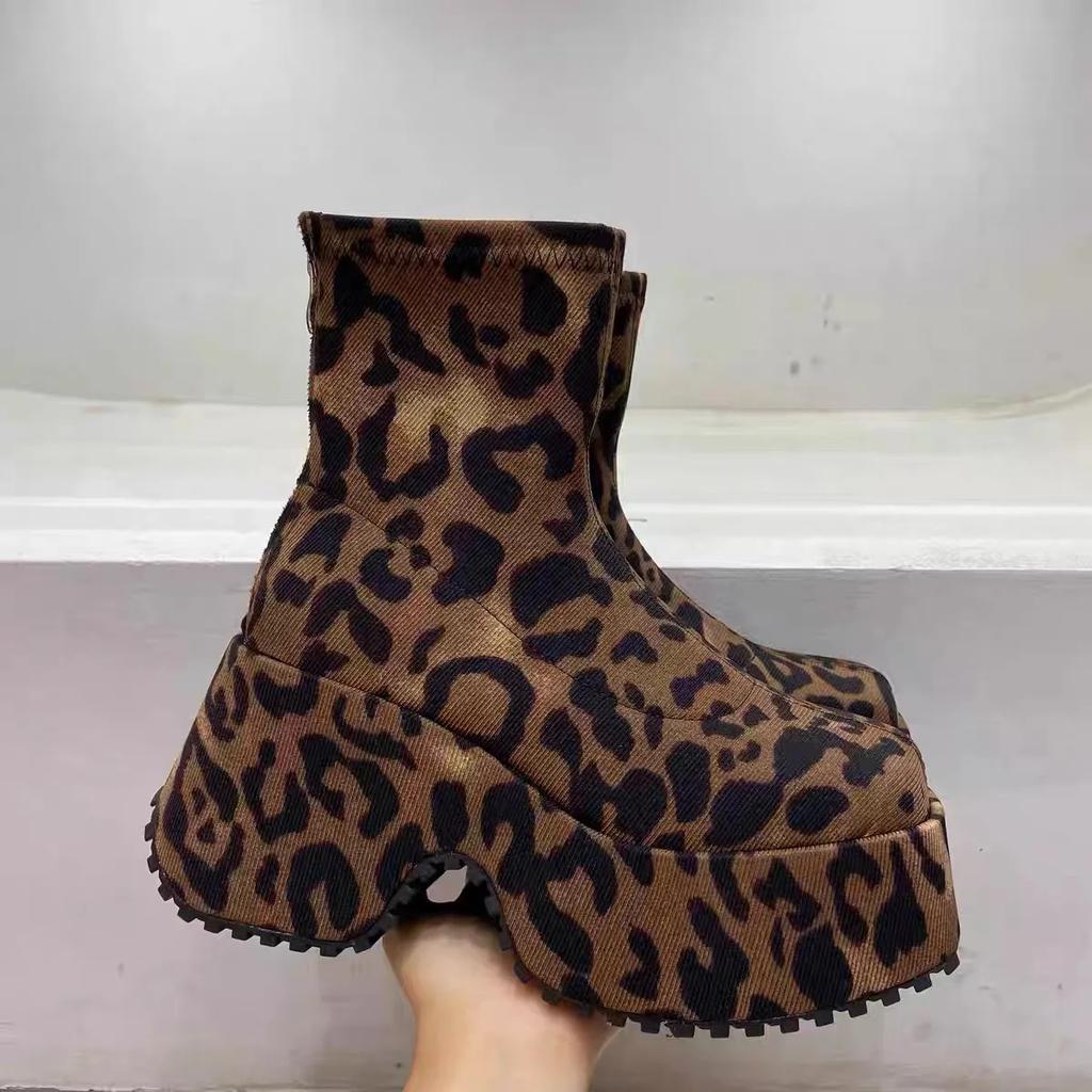 2024 Winter Height Increase 9cm Leopard Pattern Back Zipper Square Head Thick Bottom Shoes Women Retro Versatile Botas Mujer