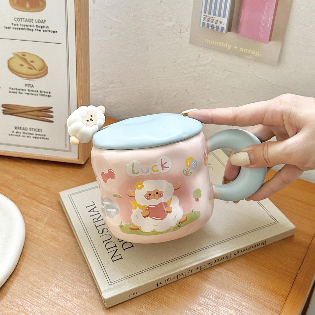 Cute Cartoon Lamb Ceramic Cup Birthday Gift Girl Mug with Lid Couple Girl High value Water Cup