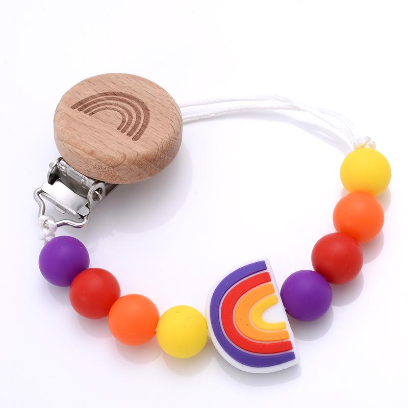 New Baby Pacifier Clips Round Beech Clips Silicone Rainbow Beads for Dummy Nipple Holder Soother Chain Teether Toy