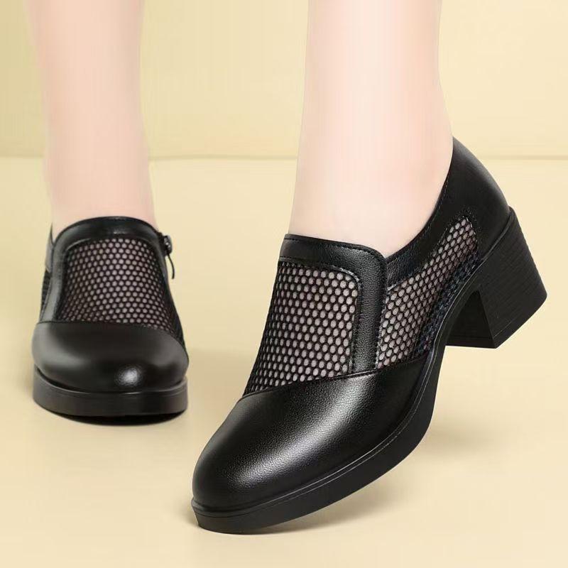 Women's Summer New Mesh Block Heel Sandals Round Toe Low Top Thick Sole Breathable Zippers Sandals High Heel Ankle Cool Boots