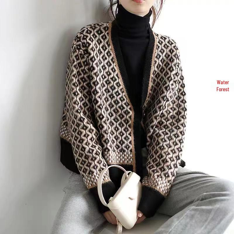 Women's Retro Color Block V-Neck Diamond Pattern Knitted Cardigan - Spring/Autumn Loose Fit
