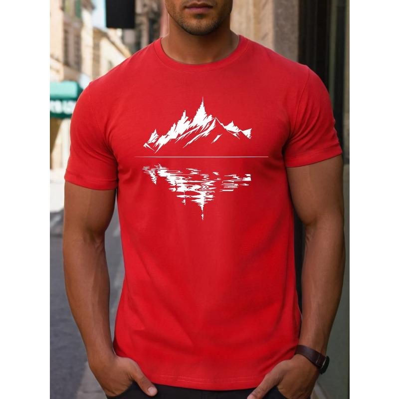 Men's Summer 100% Pure Cotton Fashionable Casual Loose Fit Plus Mountain Reflection Printed Round Neck Short Sleeved T-shirt Top