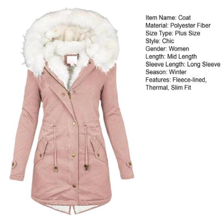 Women Windproof Winter Coat Zip Up Fleece Lined Plus Size Jacket Mid Length Slim Fit Faux Fur Hood Cotton Outerwear Press Button Closure