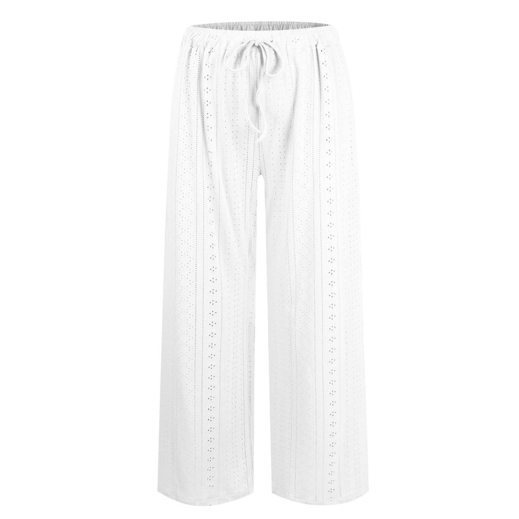 Eyelet Wide Summer Womens Pants Leg Casual Loose Drawstring High Waist Palazzo Pants Trousers With Pockets