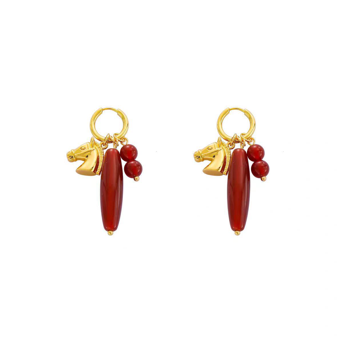 Red Agate Horse Head Dangle Earrings - High-End, Niche Design for Women