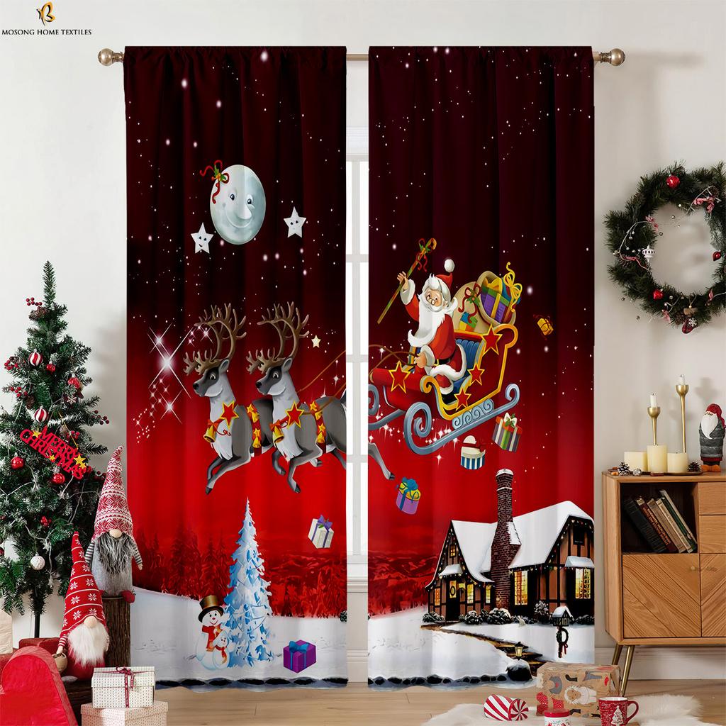Weihnachtsmann Glocke Cartoon Gedruckte Vorhänge Polyesterfaser Kinderzimmer Restaurant Party Fensterdekoration Vorhänge 2 Stück