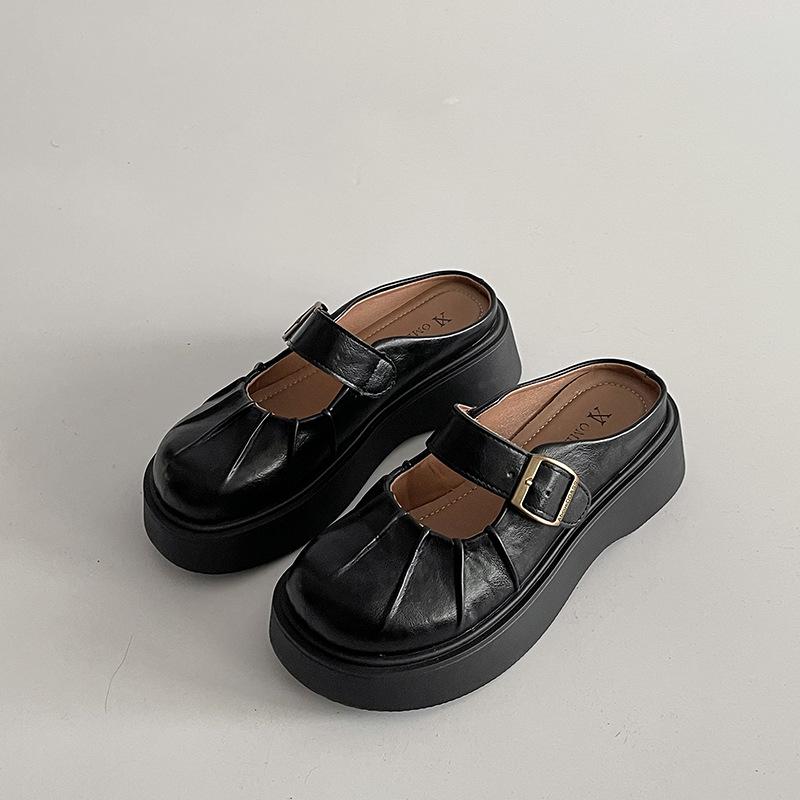 Belt Buckle Retro Thick-soled Bag Head Slippers Women's 2025 Spring and Summer New Outer Wear Heightening Half Slippers Lazy Shoes Trend