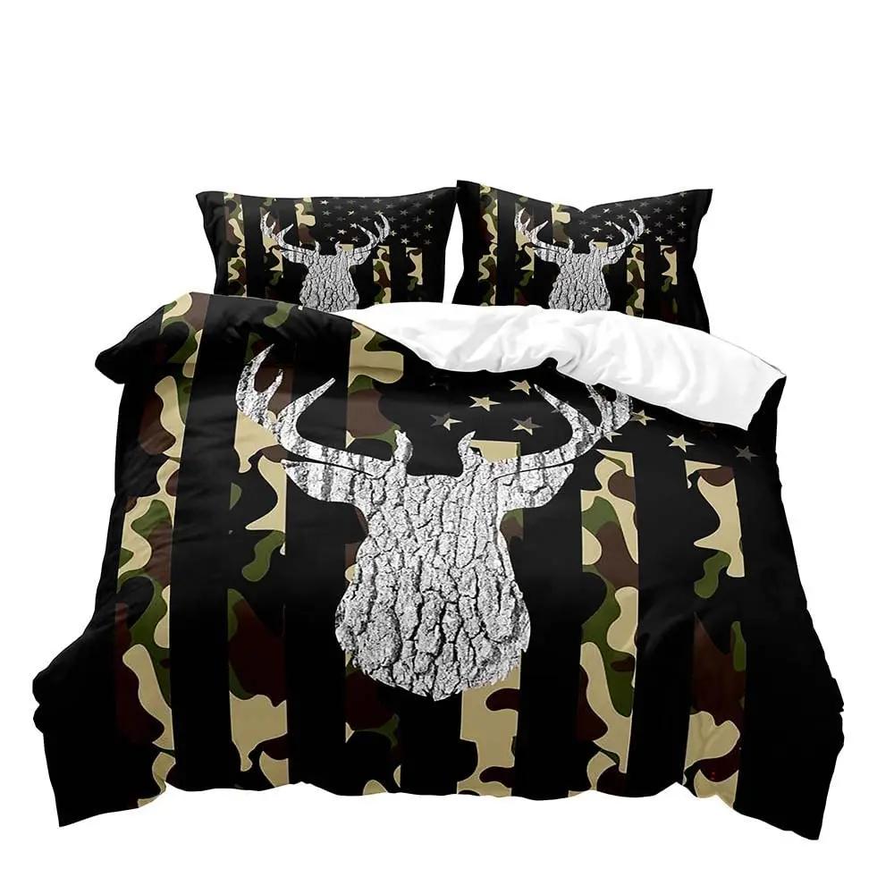 Elch Schwarzbär Bettbezug Queen Set, Wildtiere Hirsch Bettwäsche Set, Rustikales Schlafzimmer Dekor für Männer Freund Teenager Junge, 2 Kissenbezüge