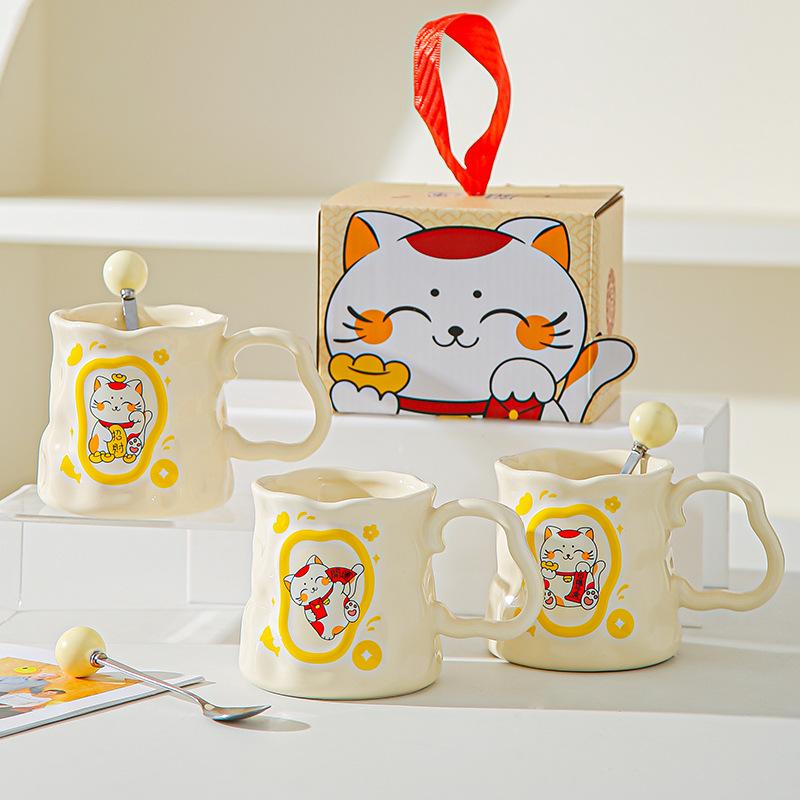 Cupa Ceramică Pisică Norocoasă Desen Animat Cupă Iregulară cu Aspect Înalt Cupă Creativă pentru Lapte/Mic Dejun Suvenir de Deschidere