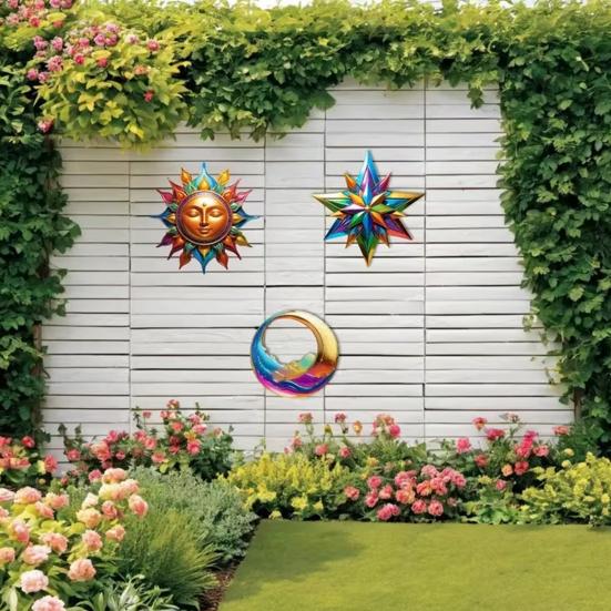 3Pcs Sun Moon Star Wall Decoration No Drill Indoor Outdoor Sun Moon Stars Wooden Wall Art Set Waterproof Sun-Proof Bohemian