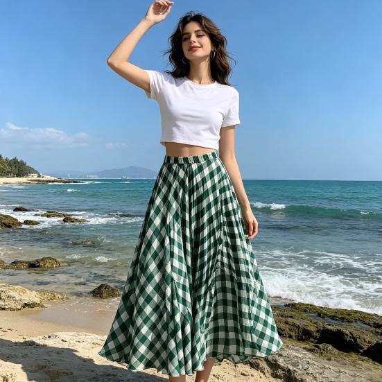 Women Maxi Skirt, Elastic Waist Plaid Print Long Skirt, Flowy Hem Lightweight Summer Skirt for Beach Travel Vacation Party