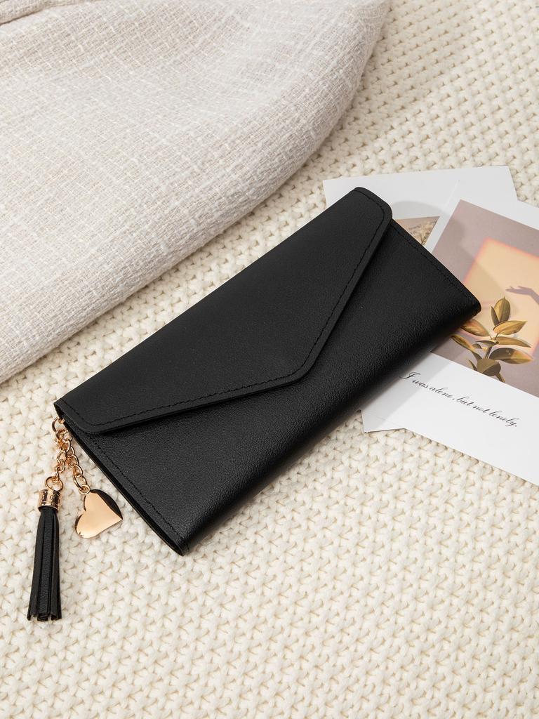 Simple and stylish three fold women's wallet PU leather large capacity long wallet tassel pendant solid color wallet card bag