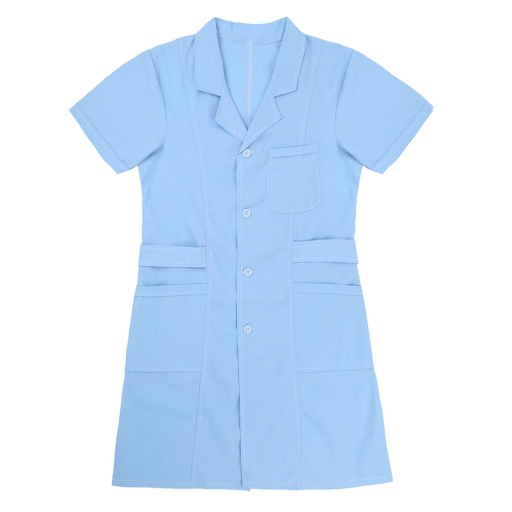 Hospital Lab Coat Uniform S-XXL for Women Adults - Solid Color Scrub Dress with Lapel Collar Short Sleeve and Button Front