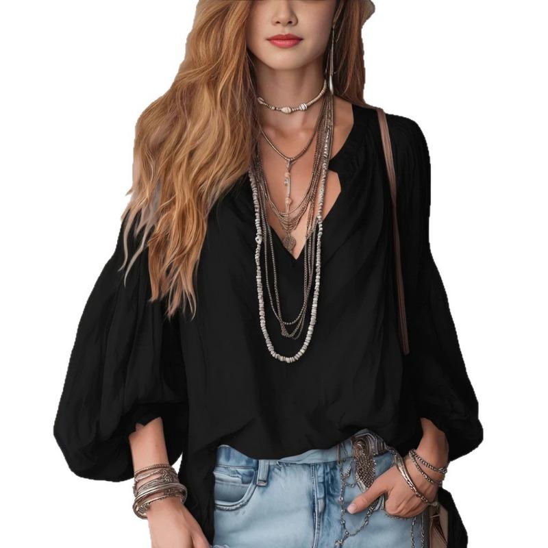 Women Casual Loose Bohemian Style V Neck 3 4 Sleeve Lantern Sleeve Shirt