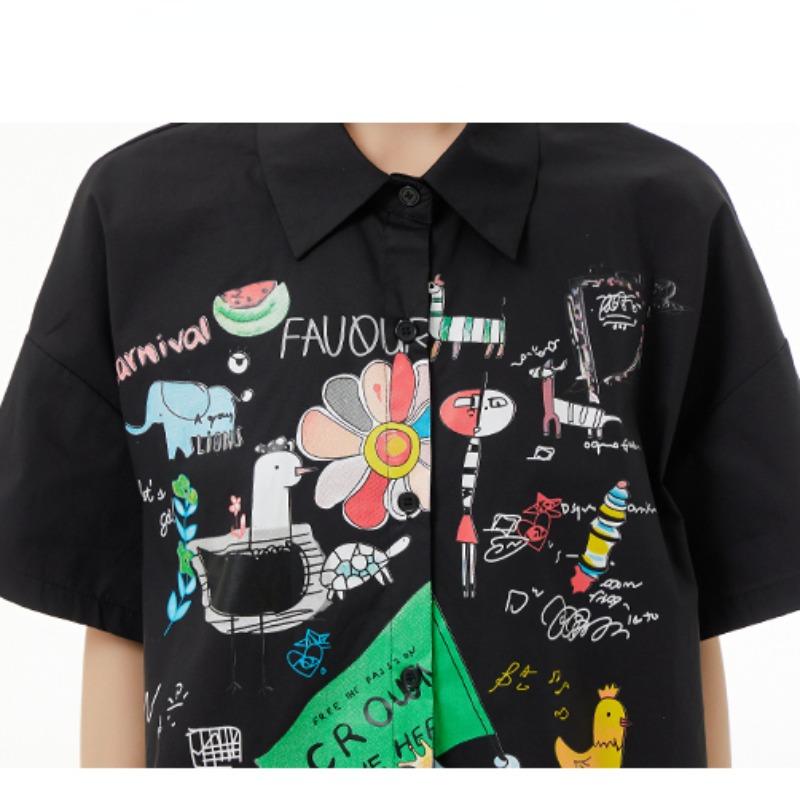 DIMANAF 2024 Plus velikost Nová halenka v letním stylu Vintage Retro design Krátký rukáv Barevný potisk Ležérní košile Ženy Volná košile s potiskem