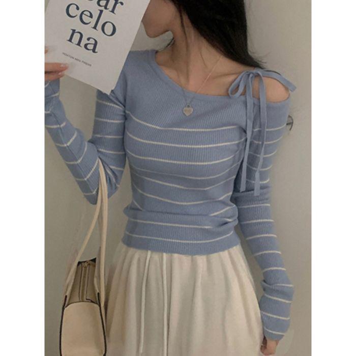 

Корейский шик Топ с открытыми плечами, завязками, вязаный, с длинным рукавом, в полоску One Size