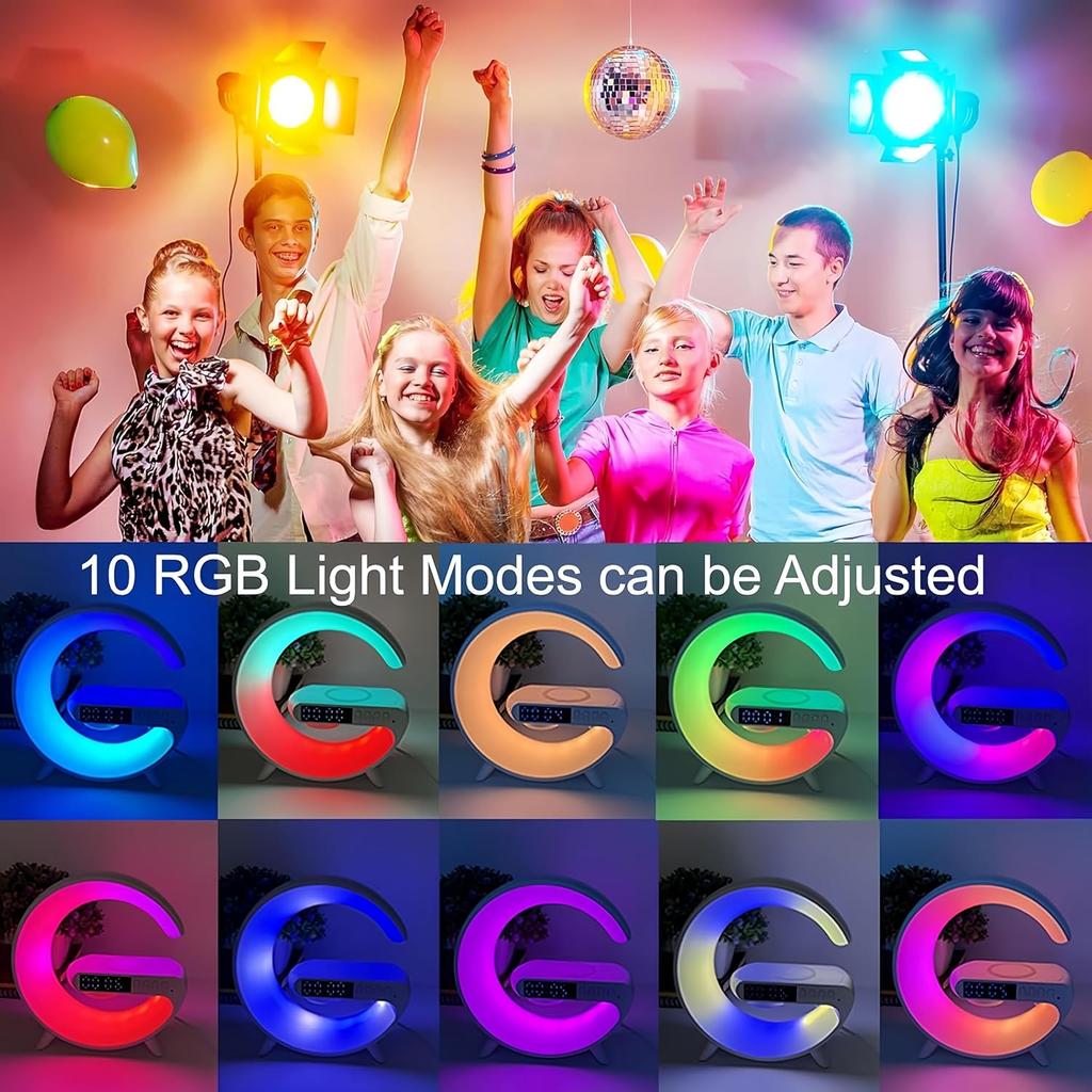 LED Table Lamp with Wireless Charger, Mini G Atmosphere Lamp with Bluetooth Speaker, Night Light Lamp Sunrise Alarm Clock, Smart Light Sound Machine